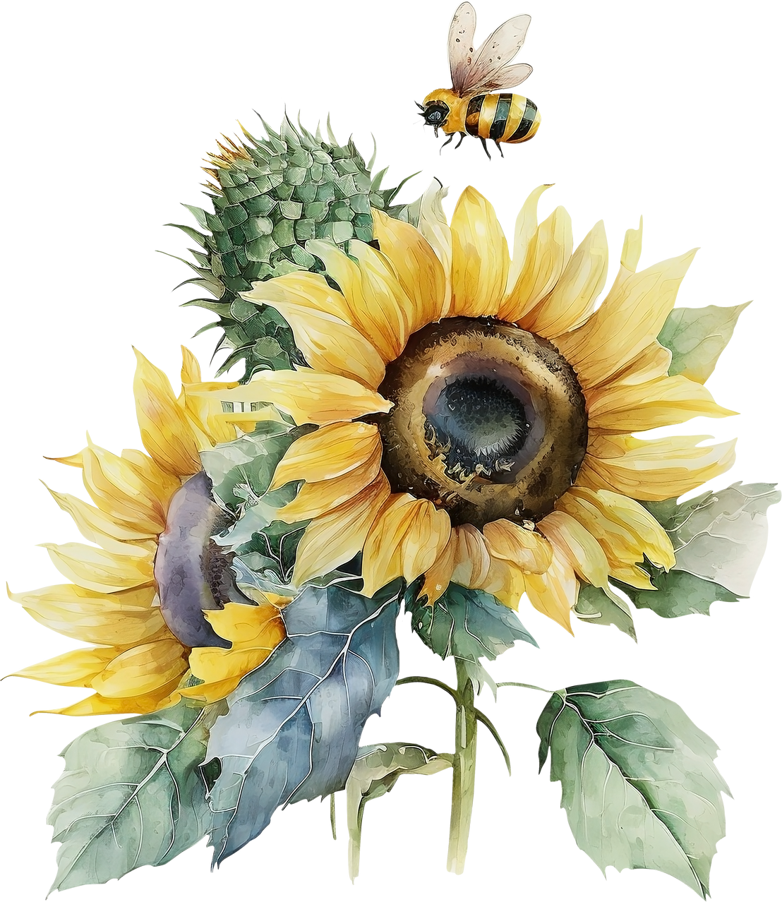 Sunflowers with Bees Watercolor, Yellow Flowers Clipart